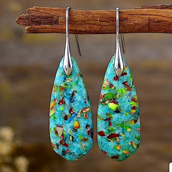 Blue Imperial Jasper Stone Earrings Blue Silver - Picture 1 of 3